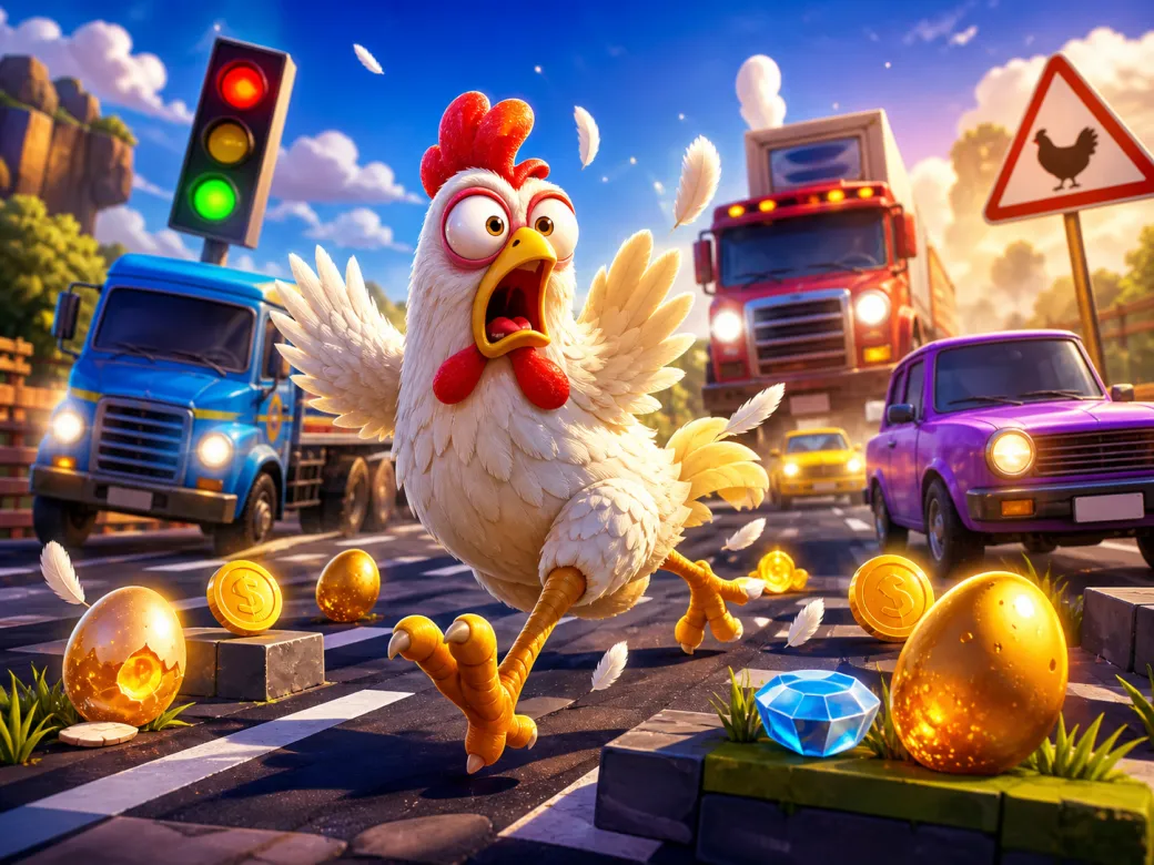 Colorful and dynamic illustration of a chicken crossing a busy road, featuring vibrant feathers, road traffic, and playful da