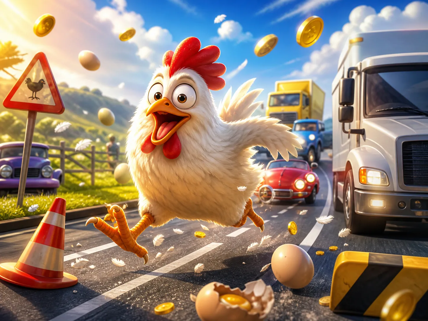 Cartoon chicken crossing a road with traffic and feathers flying, capturing the dynamic and playful theme of the slot game Ch